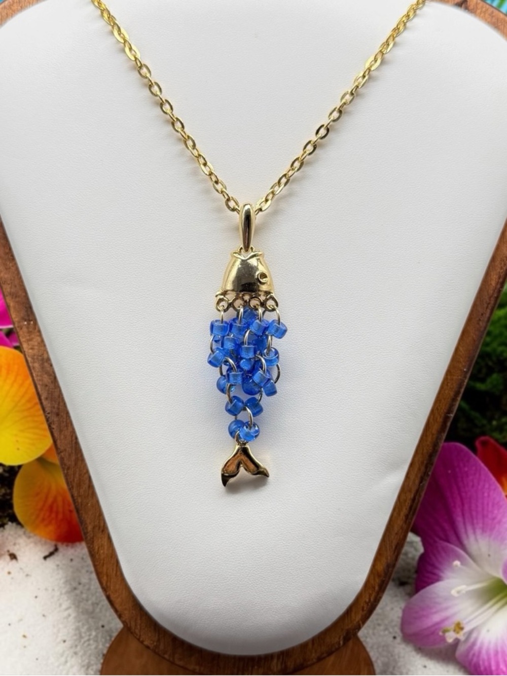 Articulated Fish Pendant Necklace Gold Tone Blue Bead Dangle Boho Whimsical